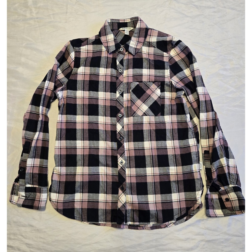 Orvis Ladies Stretch Flannel Shirt Small Plaid Purple Mauve Quality Cotton Blend